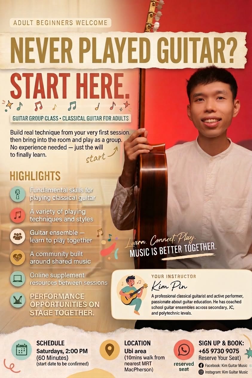 Poster for Kim Pin's classical guitar group class for adult beginners